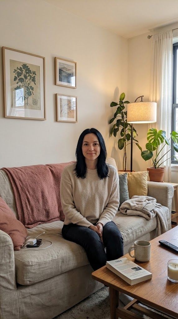 Kelly sitting on the couch in her cozy living room