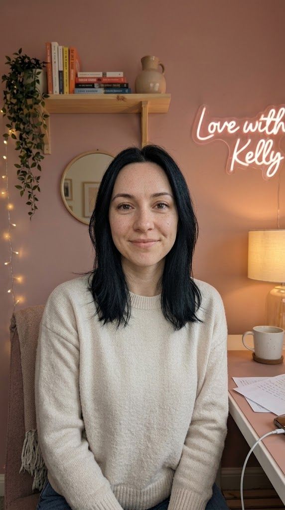 Kelly in her studio, with the Love with Kelly neon sign behind her